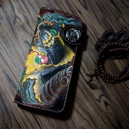 Real Photos Handmade Men Genuine Leather Wallets Carving Carp Lotus Bag Purses Women Clutch Vegetable Tanned Leather Wallet