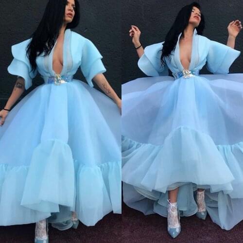 Light Sky Blue Prom Dress V Neck Half Sleeve High Low Classic Cheap Customizable Formal Evening Gown