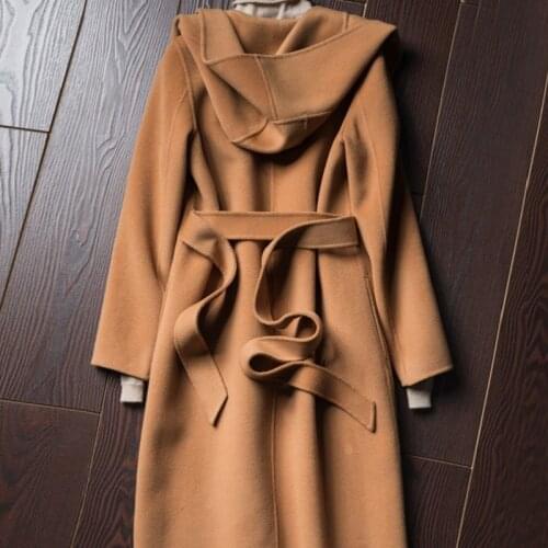 Street Elegant Wool Overcoat Women Autumn Winter Thick Loose Hooded Coat Luxury Office Lady Belt Long Sleeve Warm Outerwear S-XL
