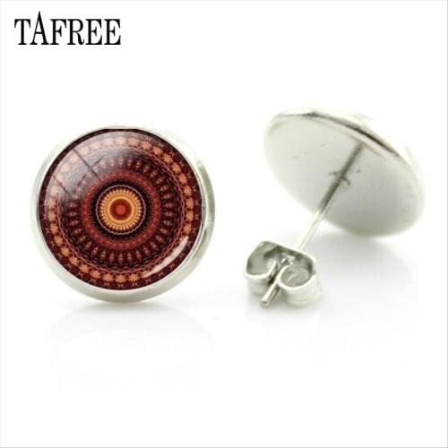 TAFREE Vintage Color Splendor Color Kaleidoscope Mandala Round Stud Earrings Glass Cabochon Earrings Women Jewelry HN404