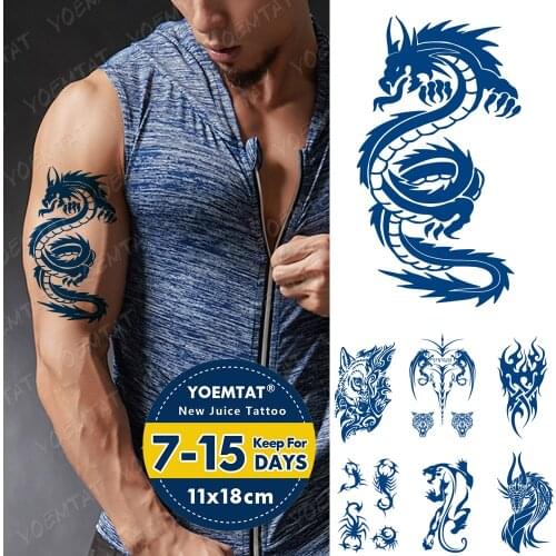 Juice Ink Lasting Waterproof Temporary Tattoo Sticker Dragon Totem Wolf Tiger Flame Flash Tattoos Male Arm Body Art Fake Tatto