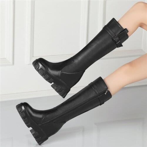 Long Trainers Women Black Genuine Leather High Heel Mid Calf Ridding Boots Female High Top Round Toe Thigh High Fashion Sneakers