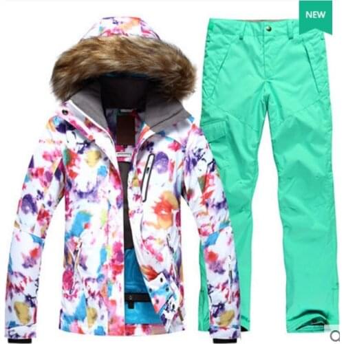 Womens snowboarding suit female fur collar white ski jacket and mint green ski pants winter outdoor sports suit snow ski suit
