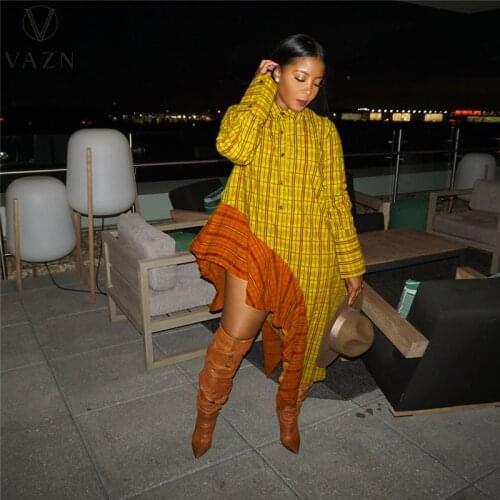VAZN 2021 Autumn High Quality Asymmetrical Shirt Dress Nature Classic Plaid Full Sleeve Women For Evening Robe