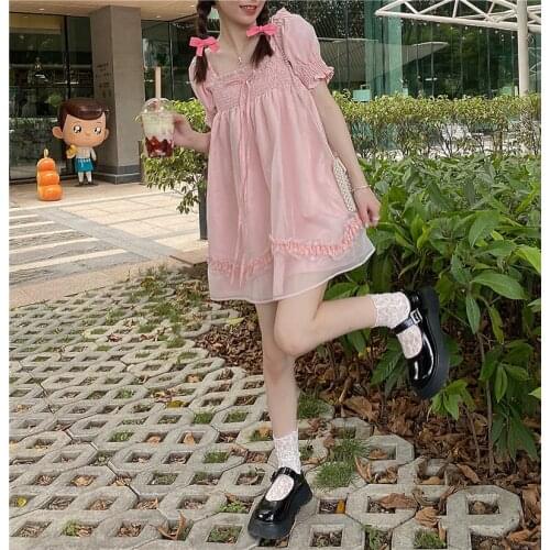 Women Dress Japanese Sweet Kawaii Lolita Dress Cute Square Collar Puff Sleeve Pink Lace Princess Loli Dresses Party Dress Gothic