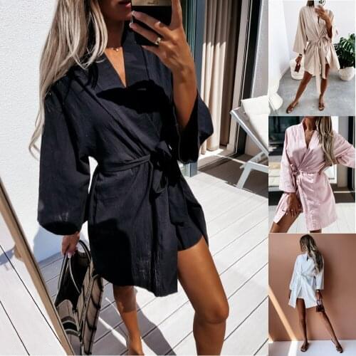 Summer Women Evening Sexy Loose Occasion Wrap Party Dress 2021 Fashion Ladies Sashes V Neck Solid Color Mini Dresses Vestidos