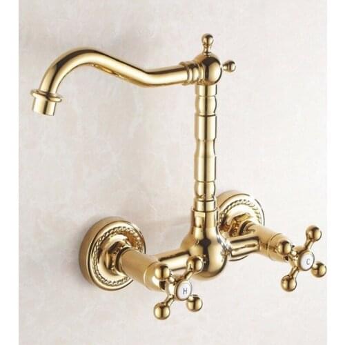 Golden Brass Wall Mounted Swivel Spout Kitchen & Bathroom Bath Tub Faucet Hot Cold Mixer Taps Two Cross Handles agf018