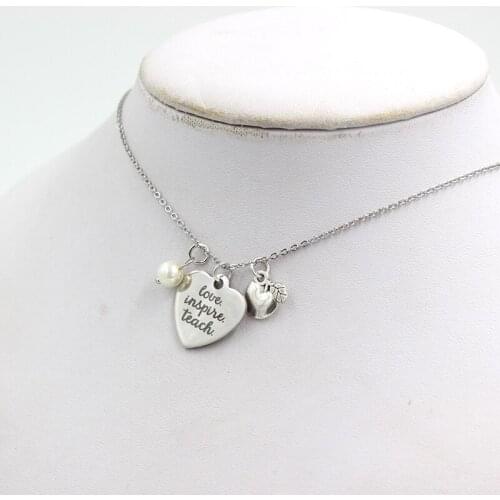 10PCS Arrival Stainless Steel Chain Teacher Charms Necklace Engraved love inspire teach heart charms necklace Teachers Gifts