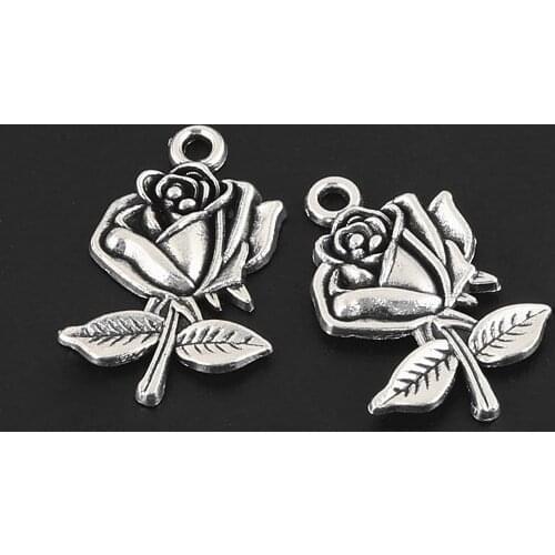 10Pcs Silver Color Hollow Rose Flowers Charms Making Plant Pendant Keychain Necklaces Jewelry Dropshipping