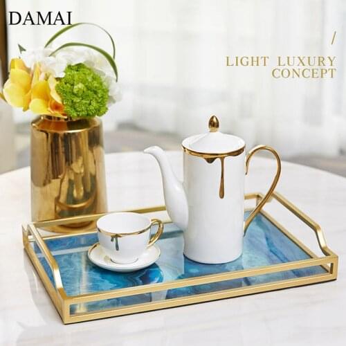 Agate Texture Storage Tray European Modern Gold Inlay Decorative Jewelry Cosmetic Display Plates Hotel Serving Tray Home Decor