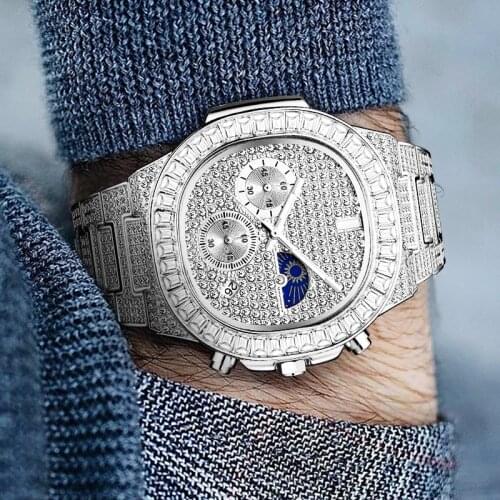 MISSFOX Man Watch Luxury Brand Stainless Steel Silver Watches aaa Ice Out Waterproof Hip Hop Wristwatch Jewelry For Men Gift