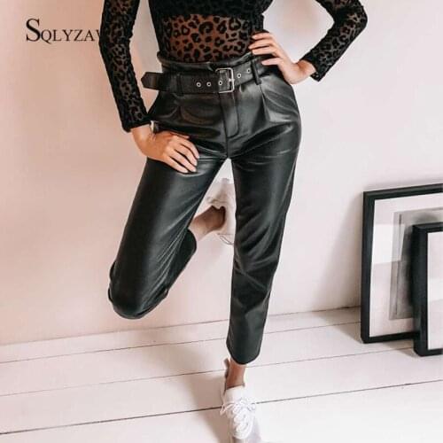 PU Leather Black with Belt High Waist Harem Pants Women Streetwear Autumn Winter Patchwork Trousers Korean Harakuju Clothes