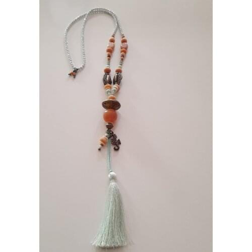 Goodtime Long Ethnic Necklace Wood & Glass & Indian Beads Womens Handmade Jewelry