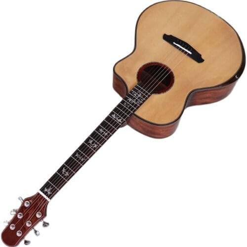 Flower inlayed electric acoustic guitar 41 inch high gloss solid spruce wood top 6 string folk guitar with radian corner