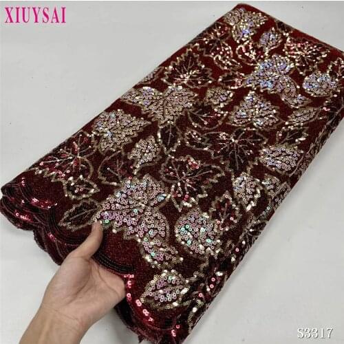 Wine Red Velvet Lace Fabric Embroidery Nigerian African Lace Fabric with Sequins High Quality Women soft material SL1307