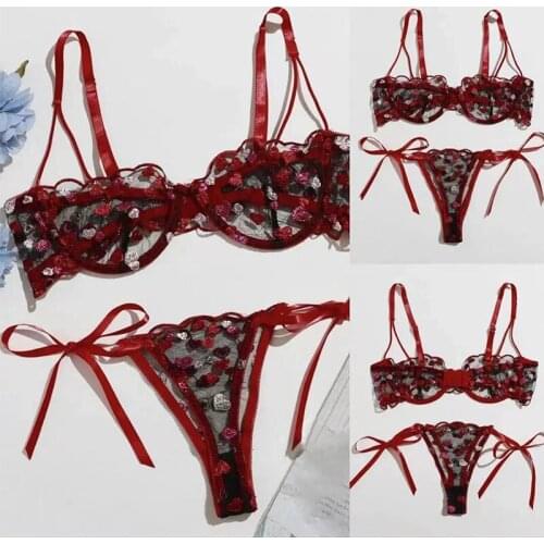 Lace Lingerie Embroidery Undewear Set Women 2 Pcs Underwire Set Burgundy Hollow Out Transparent Lingeries Sexy Bra Set