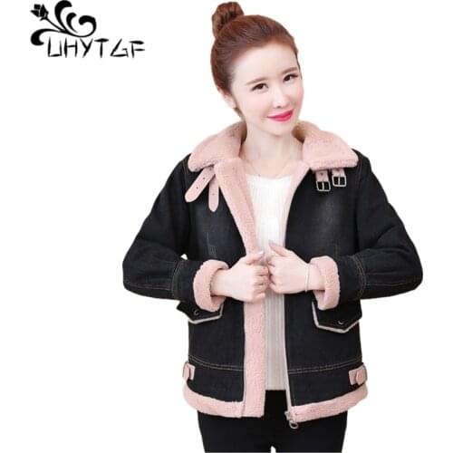 UHYTGF Womens Winter Denim Jacket Plus Cashmere Thicken Lambswool Short Jeans Coat Loose Large Size Outerwear Parker Female 1213
