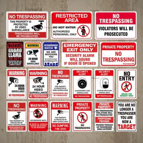 No Trespassing No Entry Metal Signs Warning Plaques Tin Plates Video Surveillance Sign Wall Decor For Yard Farmhouse Iron Poster
