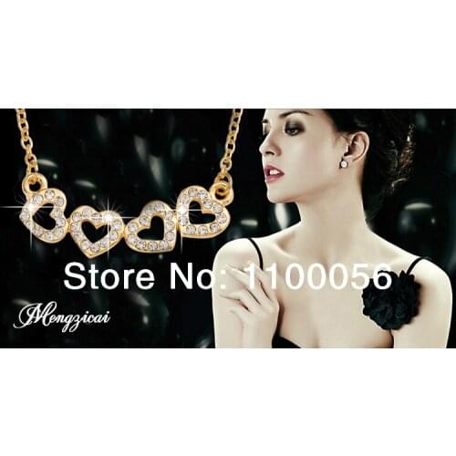 Min Order $10! Free Shipping Fashion Jewelry Top Quality Crystal Rhinestone 4 Hearts Linked Together Pendant Necklace T1327