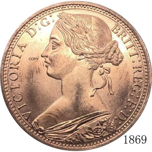 United Kingdom 1869 1 One Penny Queen Victoria Great Britain Bronze Portrait Red Copper Copy Coin With Smooth Edge