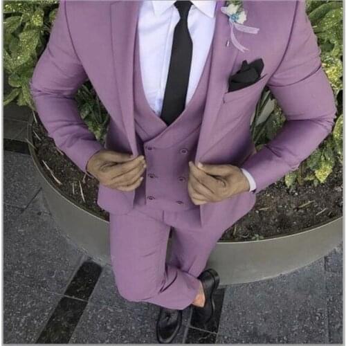 2019 Latest Purple Pink Mens Slim Fit Suits Mens Custom Made Wedding Casual Suits 3 Piece Jacket Vest Pants Terno Masculino