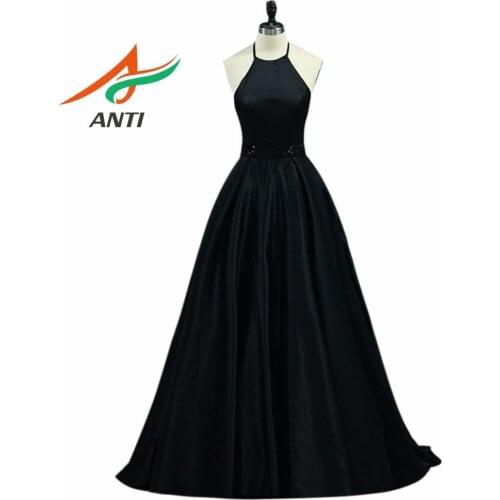 ANTI Charming Black Halter Evening Dress Bead Rhinestone Vestido De Festa Longo Formal Evening Party Gowns Custom Made HQY821