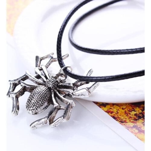 New Fashion Spider Halloween Pendants Round Leather Rope Chain Short Long Mens Womens Silver Color Necklace Jewelry Gift