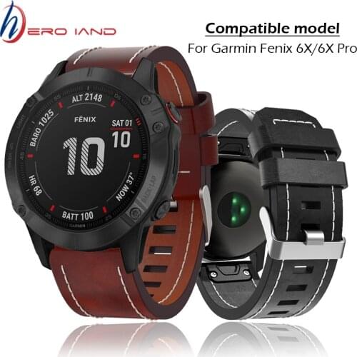 Leather Watchband Strap for Garmin Fenix 6X/5X/5X Plus/3/3HR Smart Watch Band 26mm Quick Fit Replace Wrist Bracelet for Fenix 5X