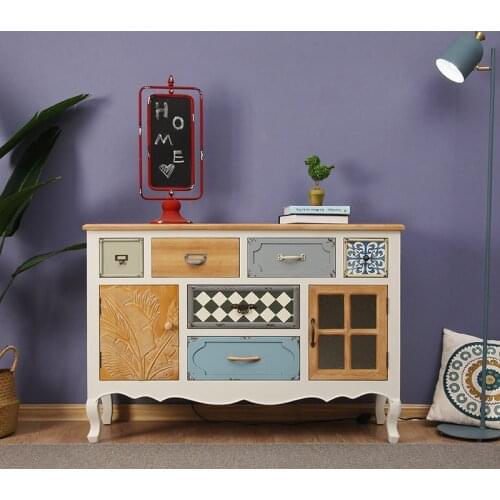 Mediterranean style carved porch cabinet, sideboard solid wood retro table, five-piece living room furniture set