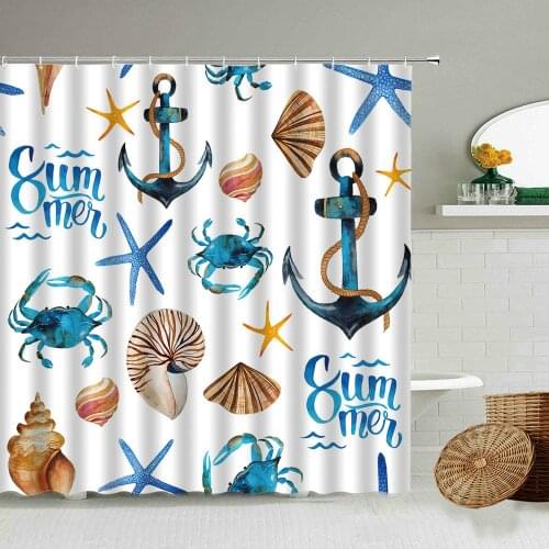 Cartoon Seabed Animals SeaTurtle Fish Anchor Shower Curtain Set Shell Starfish Boy Girl Bathroom 3D Blackout Waterproof Screen