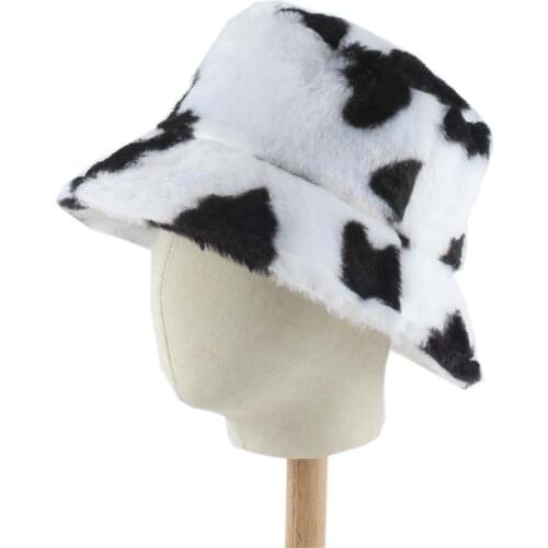 Faux Fur Winter Hats For Women Black White Cow Print Bucket Hat Men Panama Fisherman Caps Gorras