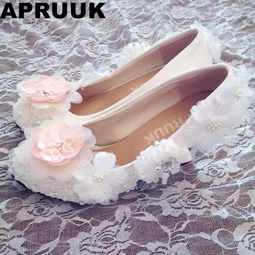 High heels wedding shoes with sweet pink white flowers bridal pumps shoes round toes platforms heeled handmade dress shoe