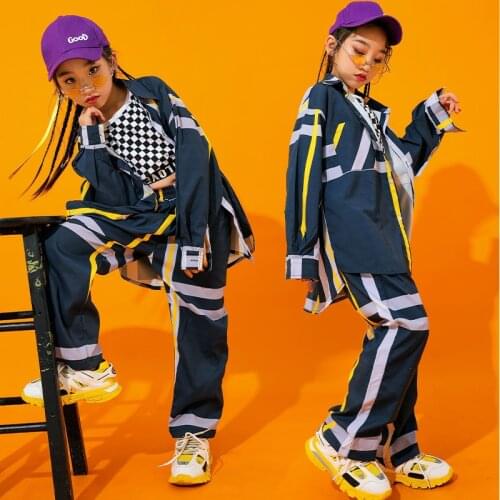 Girls Street Dance Striped Coat Sport Pants Hip Hop Print Jacket Streetwear Clothes Sets Kids Tank Top Jazz Outfit Stage Costume