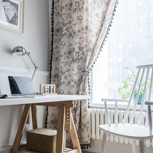 Rose Print Cotton Linen Kitchen Curtain Printing Bohemian Semi-Shaded Tassel Classic Style Bedroom Window Bay Window