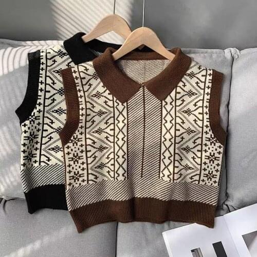 Retro jacquard knitted waistcoat autumn and winter sleeveless lapel sweater jacket Western style all-match blouse women