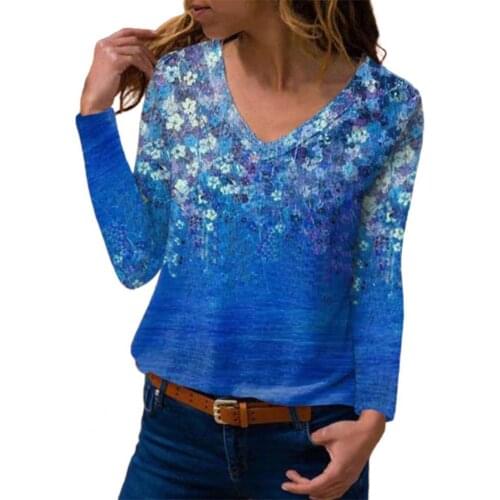 Women Autumn Loose Tops Long sleeve Fashion Lady Shirt Long Sleeve Pullover Top Floral Print Loose V Neck Blouse for Office