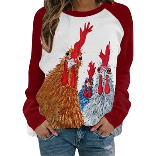 Rooster Print T-shirt 2021 Women Clothing O-neck Long-sleeved Animal Print Casual Top Female Cute Chicken Pattern Tshirt