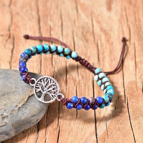 Women Fashion Boho Jewelry Hippie Bohemian Handmade Woven Best Friend Bracelet Adjustable Natural Stone Life Tree Yoga Gift