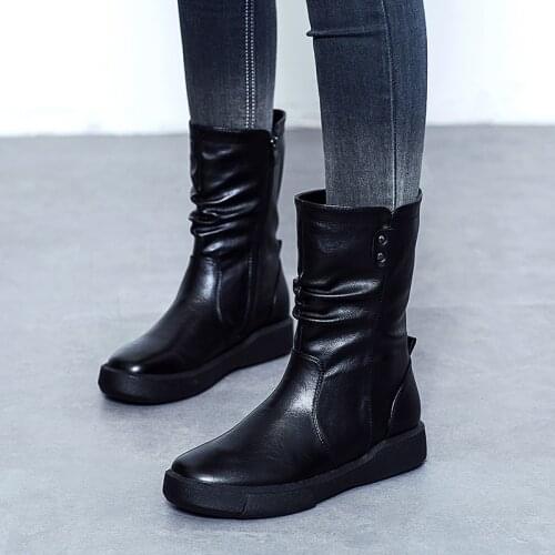 British Style Retro Womens Martin Boots Genuine Leather Mid-calf Booties Ladies Shoes Flat Heels Winter Boots Women Shoes 2020