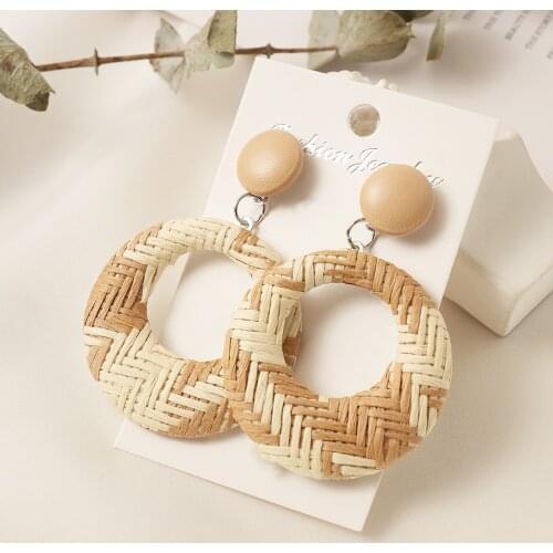 1Pair Handmade Bohemian Wooden Rattan Wicker Straw Drop Earrings for Women Girls Vintage Geometric Statement Fashion Jewelry