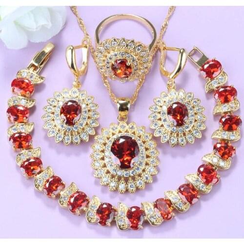 Gold-Color African Bridal Wedding Costume Red Garnet Sunflower Jewelry Sets Earrings Pendant And Necklace Women Sets