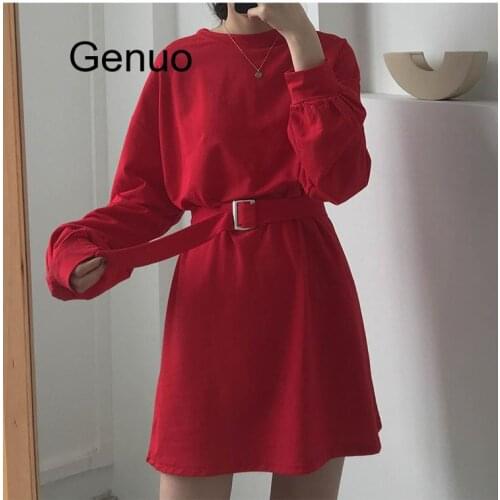 7 Colors Long Sleeve Dress Women Spring Autumn Korean Style Dress Ladies Solid Color Loose T Shirt Dress Women With Belt