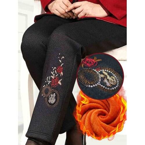 Middle Age Mother Pants Winter Embroidery Plus Velvet Elderly Women Trousers Plus Size Grandma High Elastic Waist Pants 4XL 1778