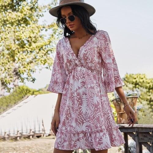 2001 Floral Print Casual Woman Dresses Sexy Deep V-neck Boho Beach Evening Party Sundress Dress