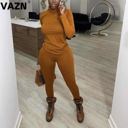 VAZN 2020 Top Quality Sexy Soft Elastic Regular Simple Young Solid Turtleneck Full Sleeve Long Pants Slim Women 2 Piece Set