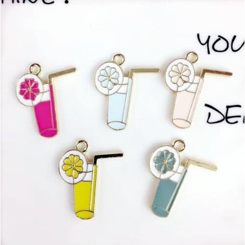 Free Shipping 50PCs 21*25MM Cute Orange Lemon Juice Cup Drink Pendant Charms Oil Drop Gold Color Plated Enamel Metal Charm