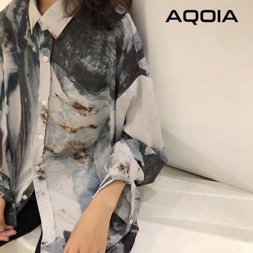 2021 Spring Chic Oversize Abstract ink printing Long Sleeve Women Blouse Shirt Trun Down Collar Loose Button Up Ladies Clothing
