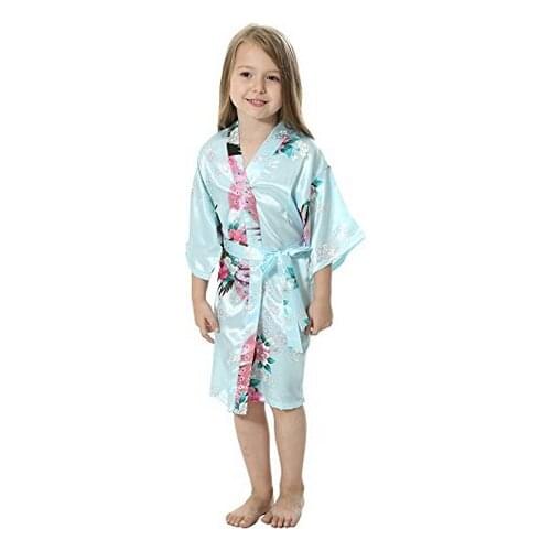 RB009 Peacock Kids Robe Satin Children Kimono Robes Bridesmaid Flower Girl Dress Silk childrens bathrobe Nightgown Kimono robe