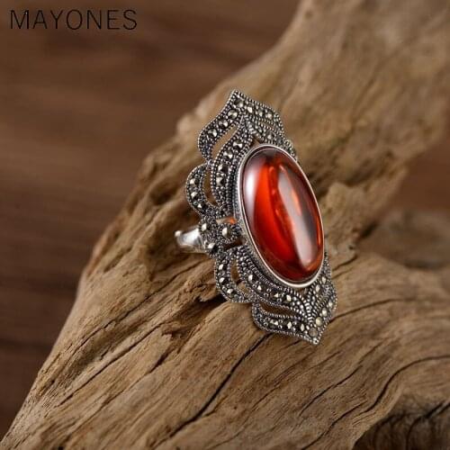 Retro 925 Sterling Silver Inlay Red Garnet Big Oval Rings For Women Vintage Punk Style Handmade Bijoux Indian Jewelry