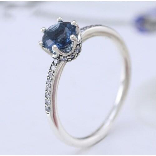 Free Shipping Real 925 Sterling Silver Ring Blue Zircon Sparkle Crown Ring For Womens Gift Banquet Jewelry